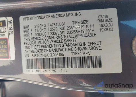 2019 Acura Rdx Technology Package z USA, uszkodzony, nr VIN 5J8TC1H5XKL005185